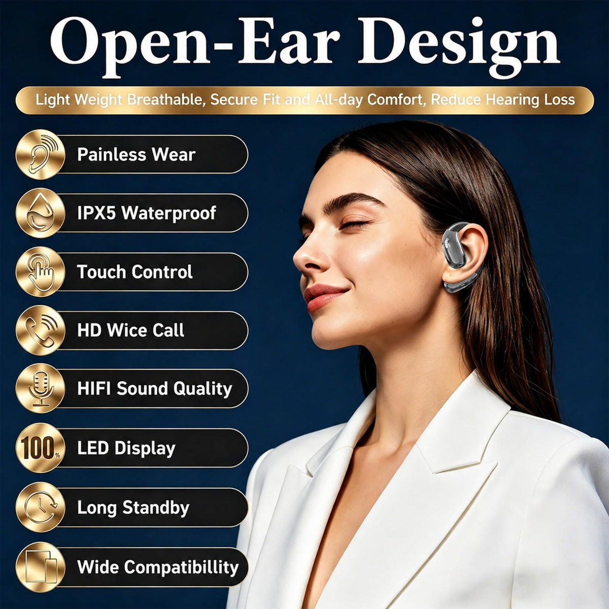 Tuemvia open-ear headphones use low-latency Bluetooth for responsive audio.