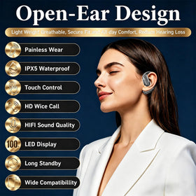 Tuemvia open-ear headphones use low-latency Bluetooth for responsive audio.