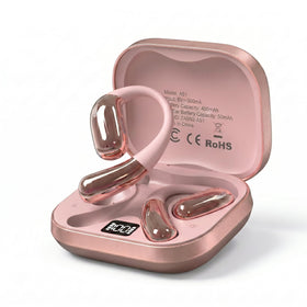 Tuemvia Open Ear Headphones rose-gold charging case for easy battery awareness.