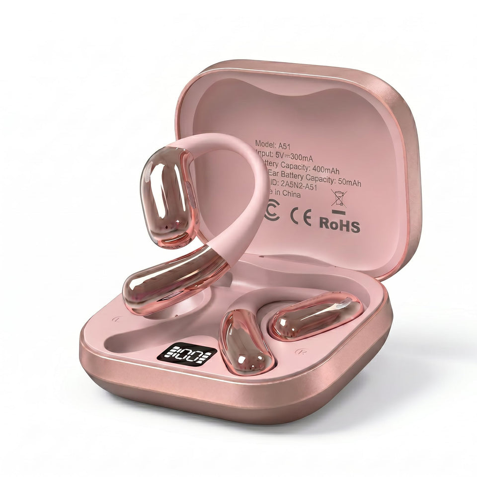 Tuemvia Open Ear Headphones rose-gold charging case for easy battery awareness.