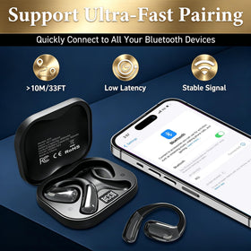 Tuemvia open ear headphones are sweat resistant and waterproof for workouts.