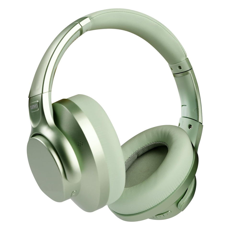 TUINYO wireless over-ear headphones white, front view, comfortable memory-foam earcups.