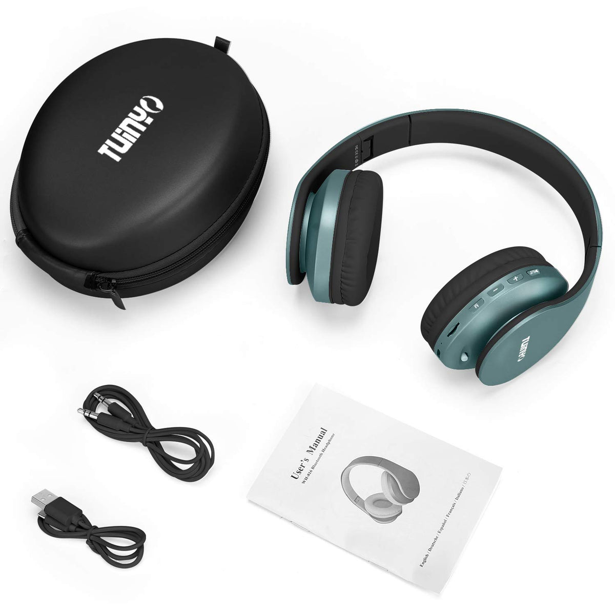 TUINYO wireless headphones with protective case for travel and storage