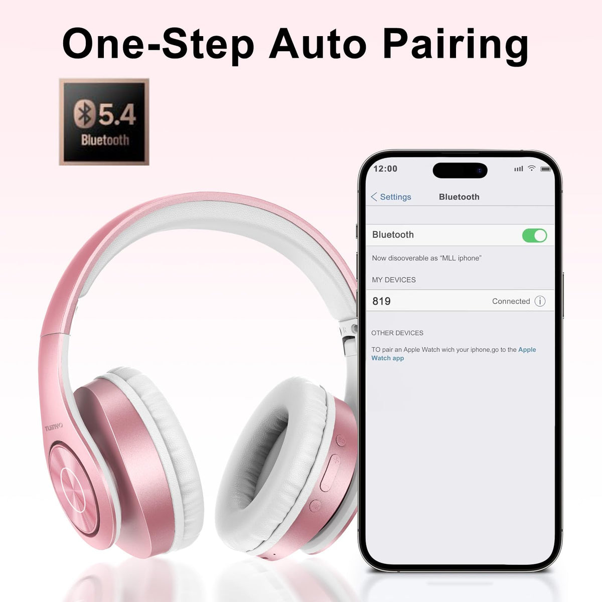 Tuinyo Rose Gold headphones with built-in mic enabling hands-free calls.
