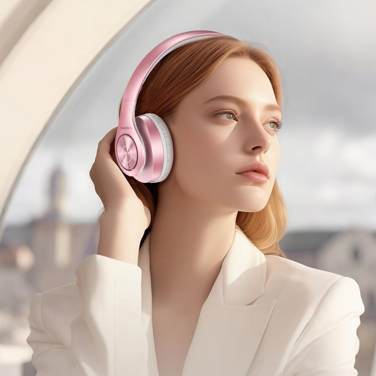 Tuinyo Rose Gold headphones worn during daily use for immersive listening.