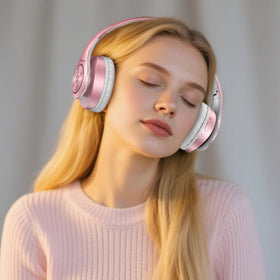 Tuinyo Rose Gold memory-protein earmuffs close-up, emphasizing comfort for long listening sessions.