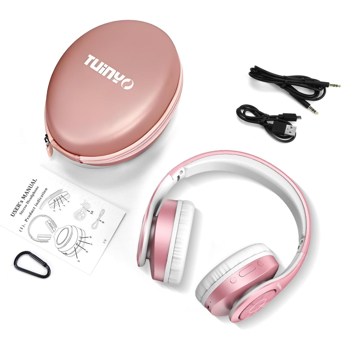 Tuinyo Rose Gold travel case protecting headphones on the go.