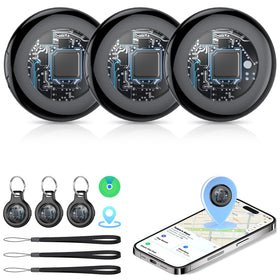 Tukio tracker tags front view showing three black tags and accessories for quick identification