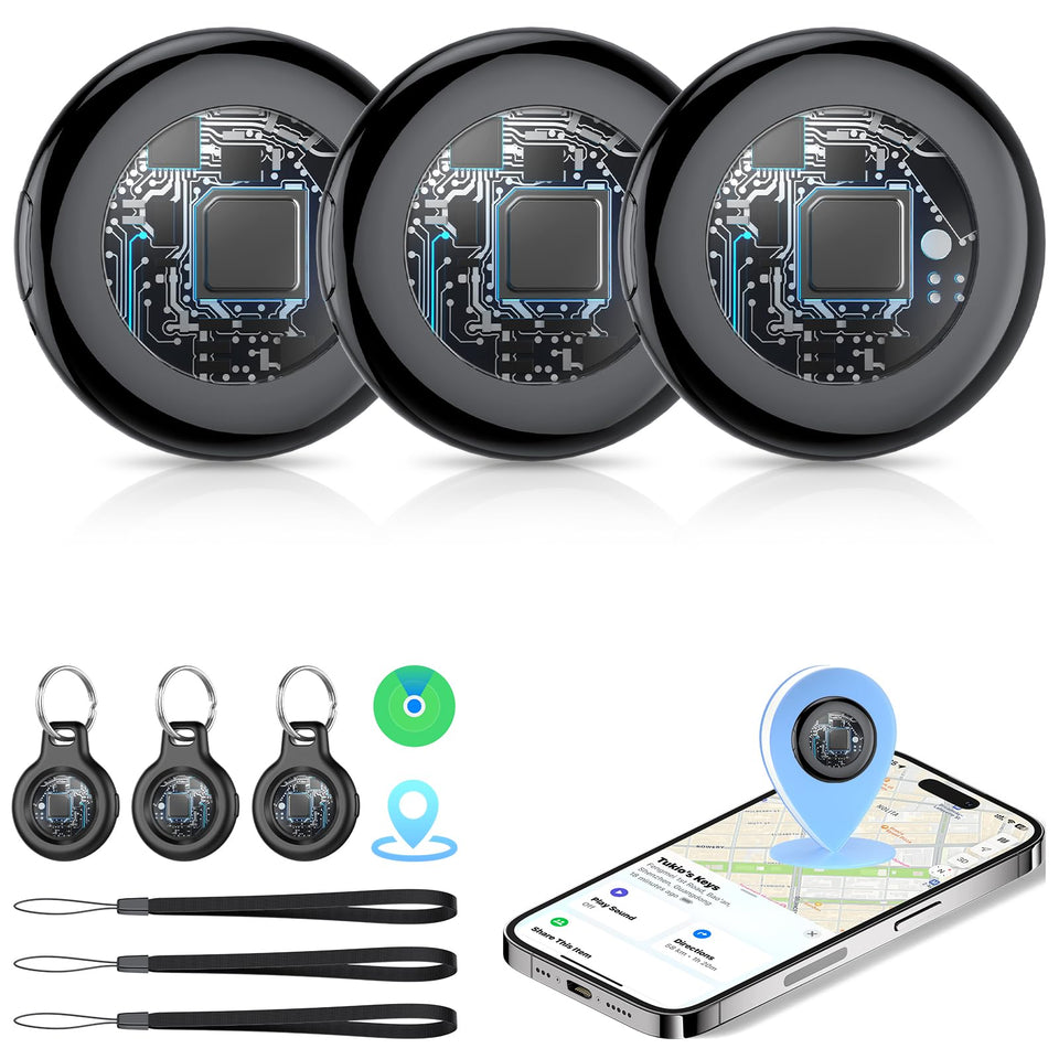 Tukio tracker tags front view showing three black tags and accessories for quick identification