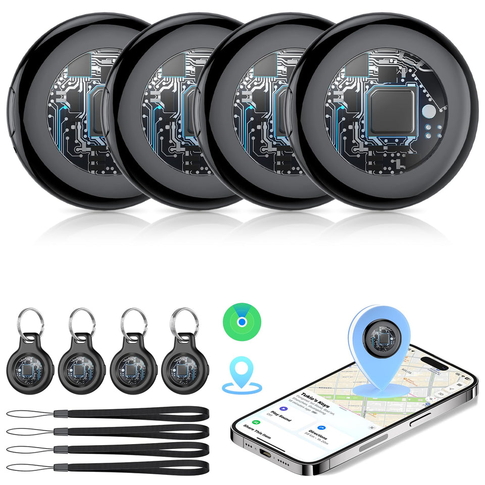 Tukio front packaging showing four Air Tracker Tags and accessories for easy identification