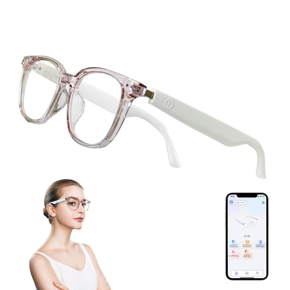 Tulbeys Smart Glasses front view highlighting real-time translation for travelers