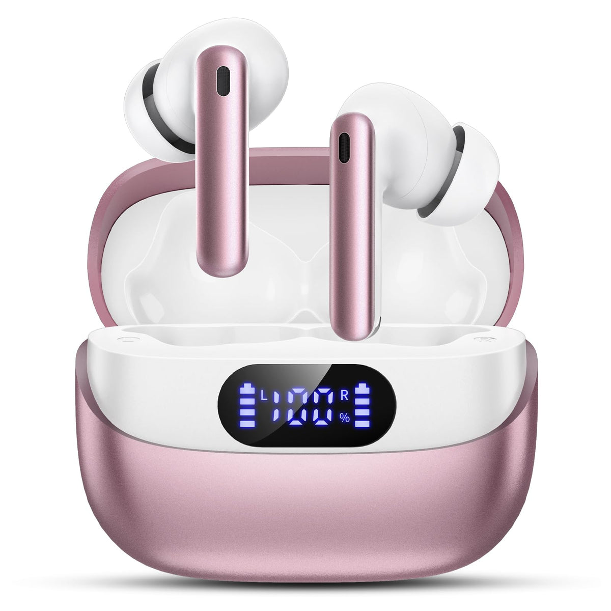 TUMJUN front packaging view showing elegant rose gold earbuds and branding benefit clarity