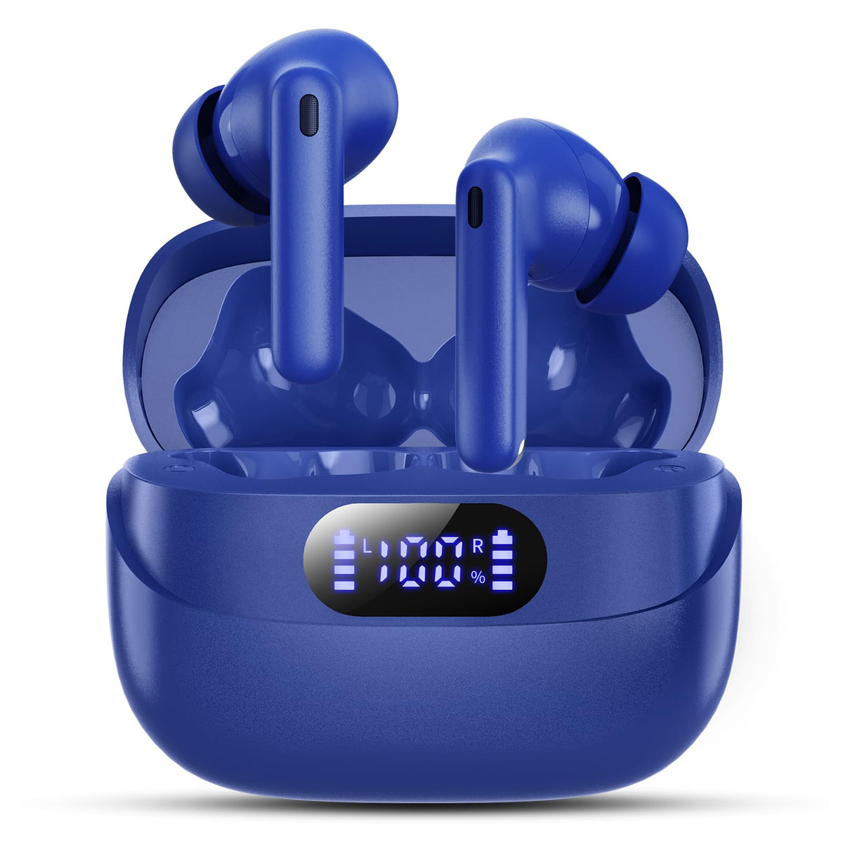 TUMJUN ocean blue earbuds front view showing sleek design and portability benefit