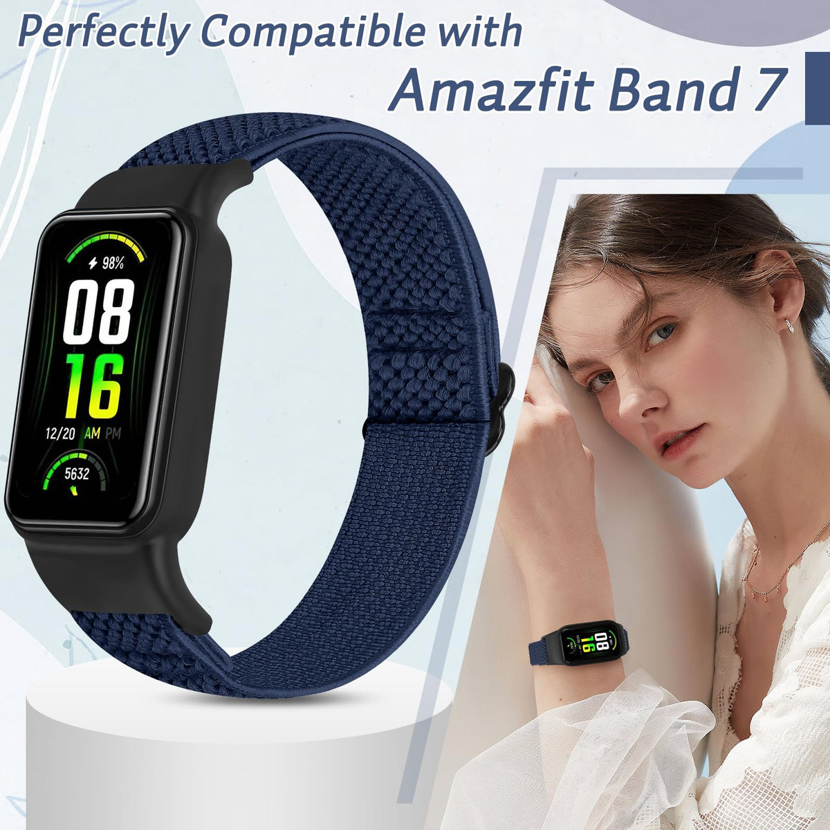 Elastic braided nylon band shown in daily wear for Amazfit Band 7