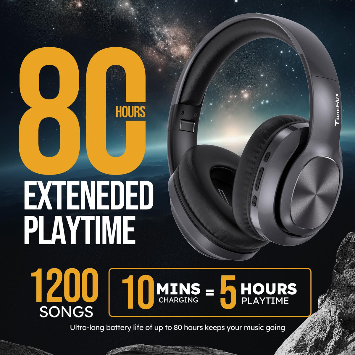 TuneFlux headphones highlighting up to 80 hours of playback on a full charge