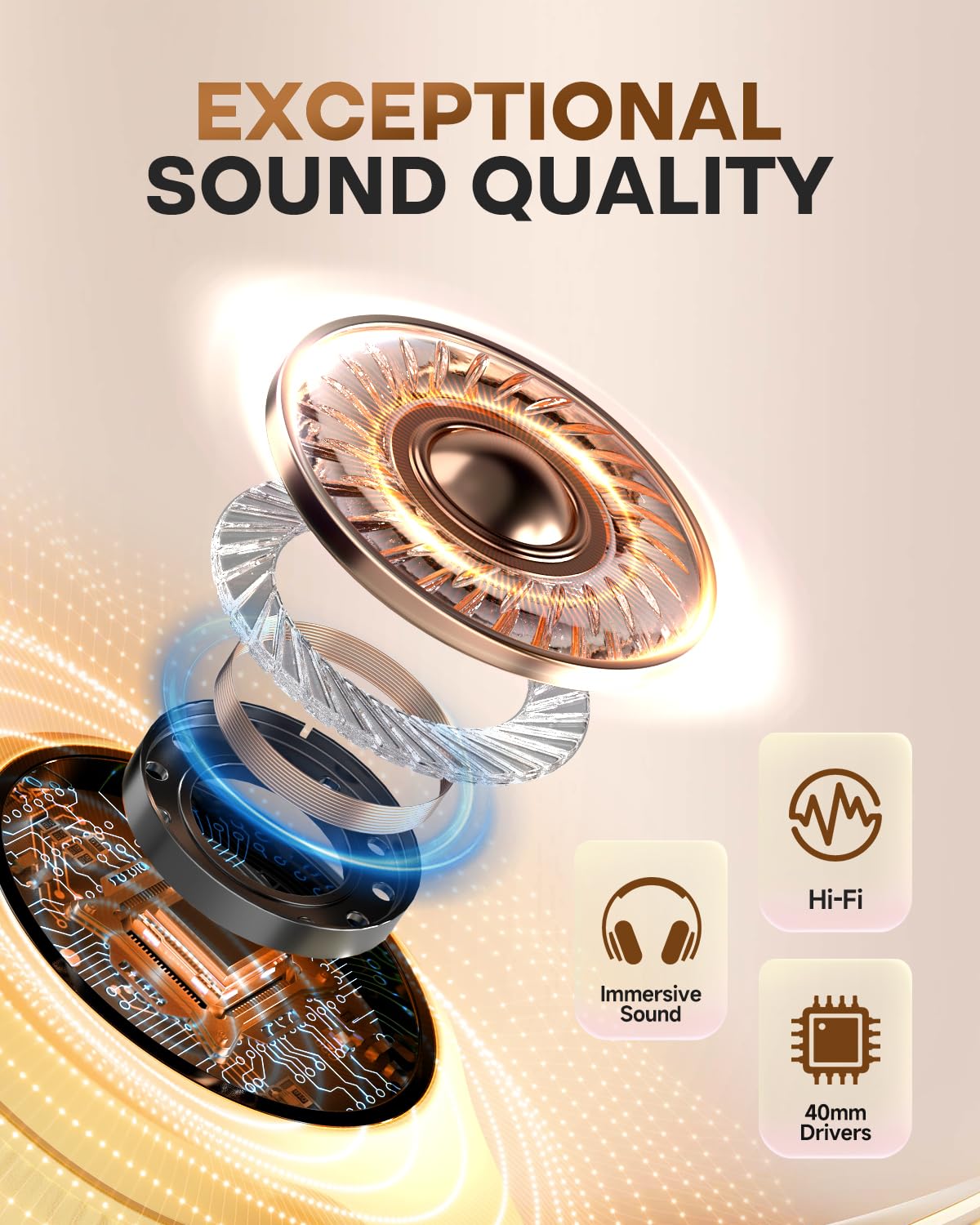 TuneFlux beige headphones highlight long runtime for travel and daily use.
