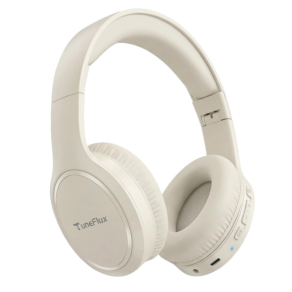 TuneFlux beige foldable headphones close-up with plush ear cushions for all day comfort.