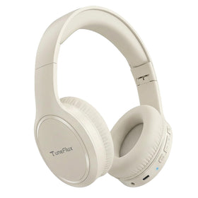 TuneFlux beige foldable headphones close-up with plush ear cushions for all day comfort.