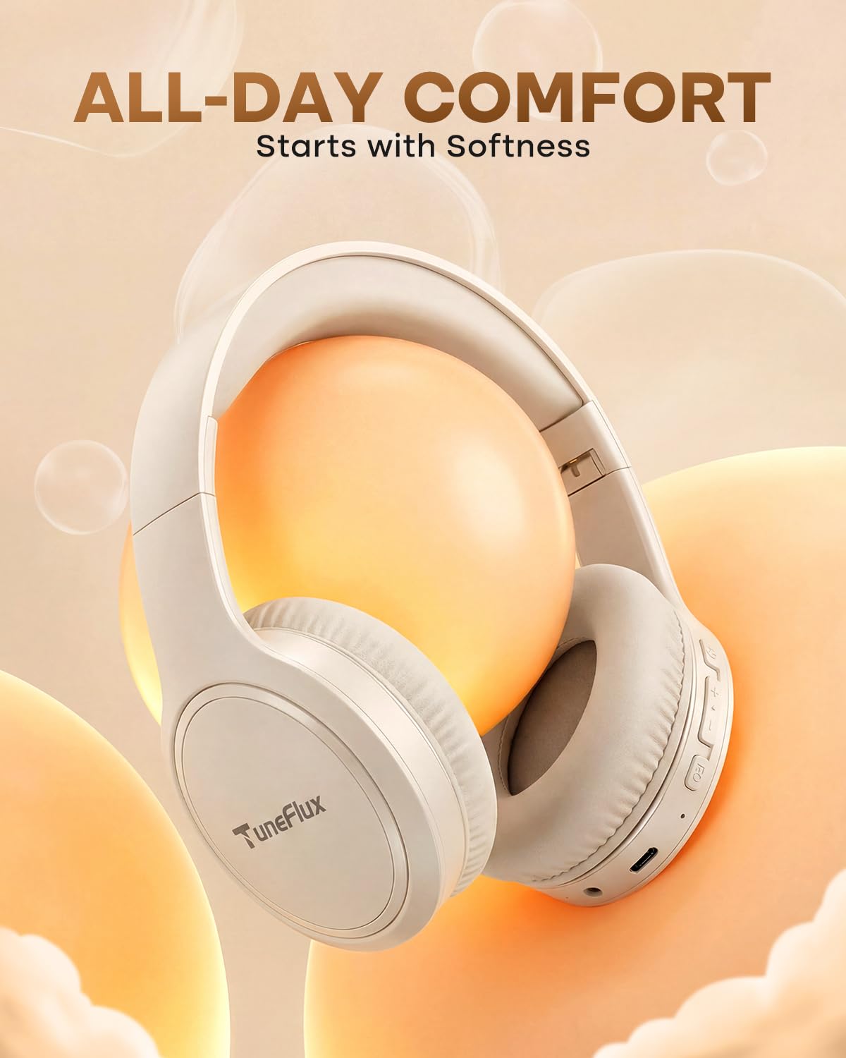 TuneFlux beige headphones in a travel case for easy packing.