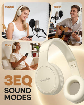 TuneFlux beige headphones connected to a laptop via Bluetooth 6.0 for stable pairing.