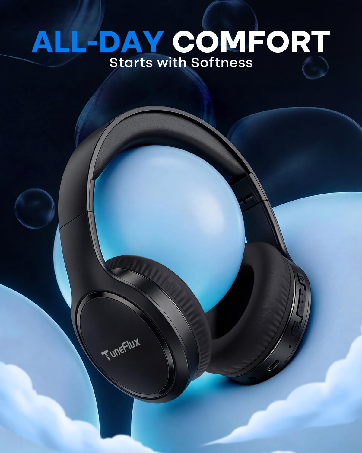 Black TuneFlux headphones resting on a bag during commute