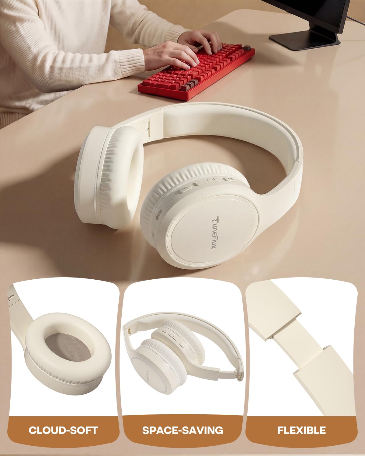 TuneFlux beige headphones showing EQ modes for customized sound.