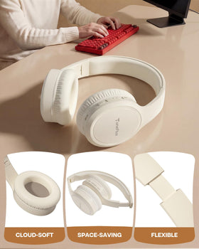 TuneFlux beige headphones showing EQ modes for customized sound.