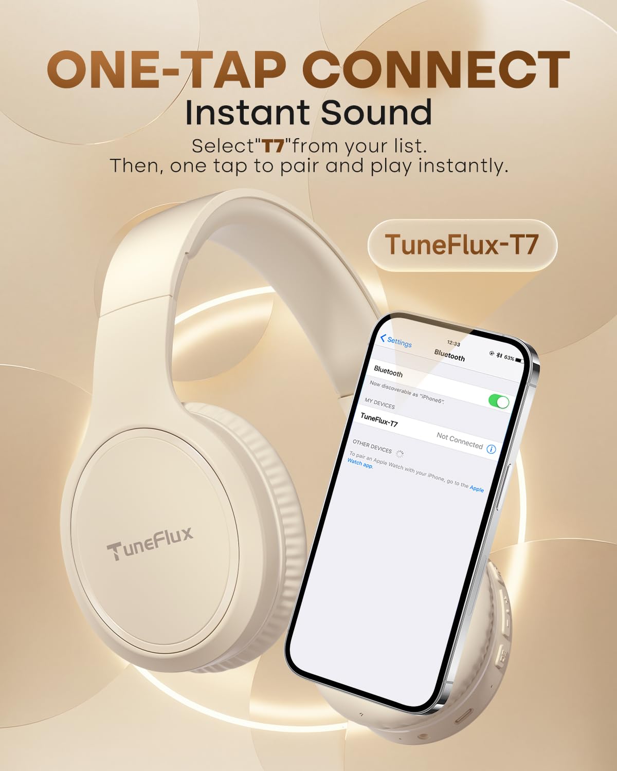 TuneFlux beige headphones with mic for clear calls during video calls.