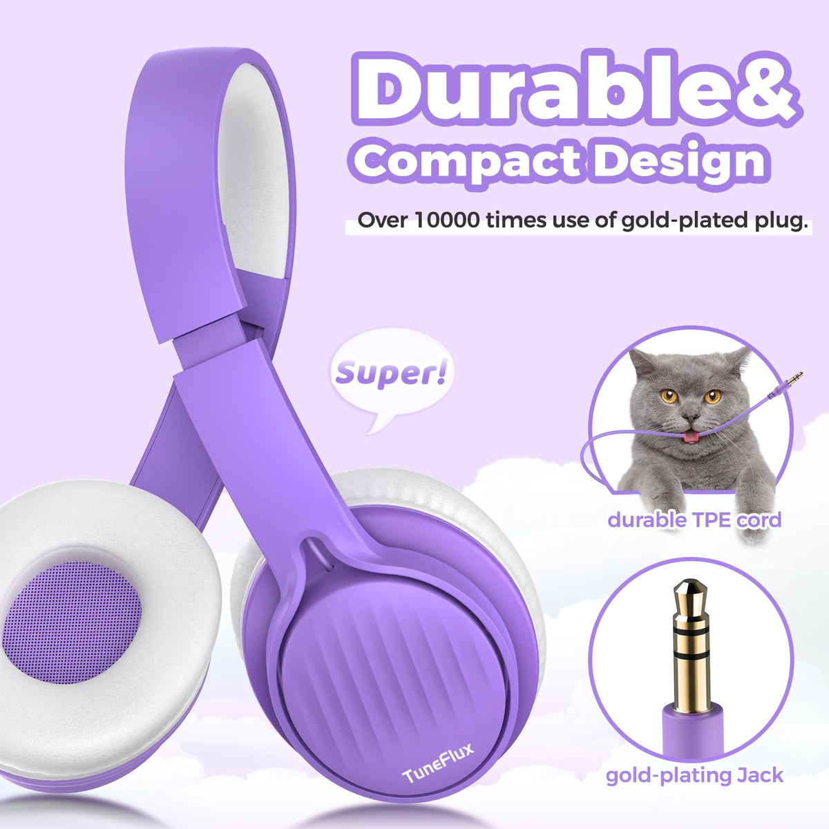 TuneFlux kids headphones adjustable headband ensuring a secure fit.