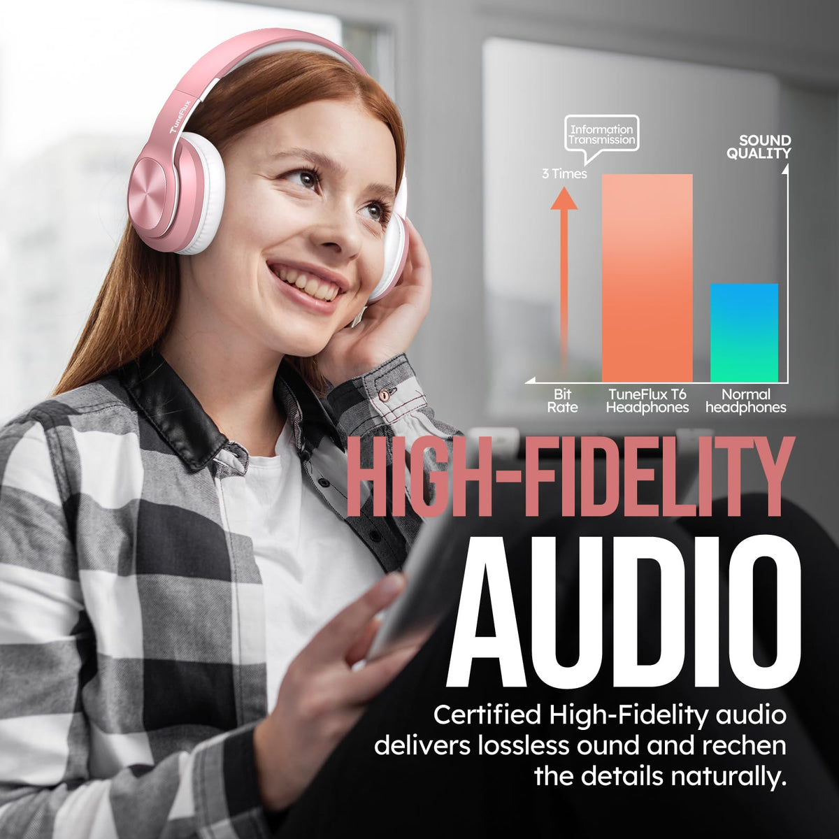 TuneFlux memory foam ear cups provide soft, lasting comfort