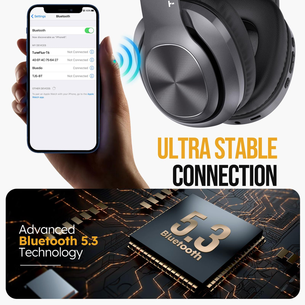 TuneFlux adjustable metal headband for a secure, personalized fit