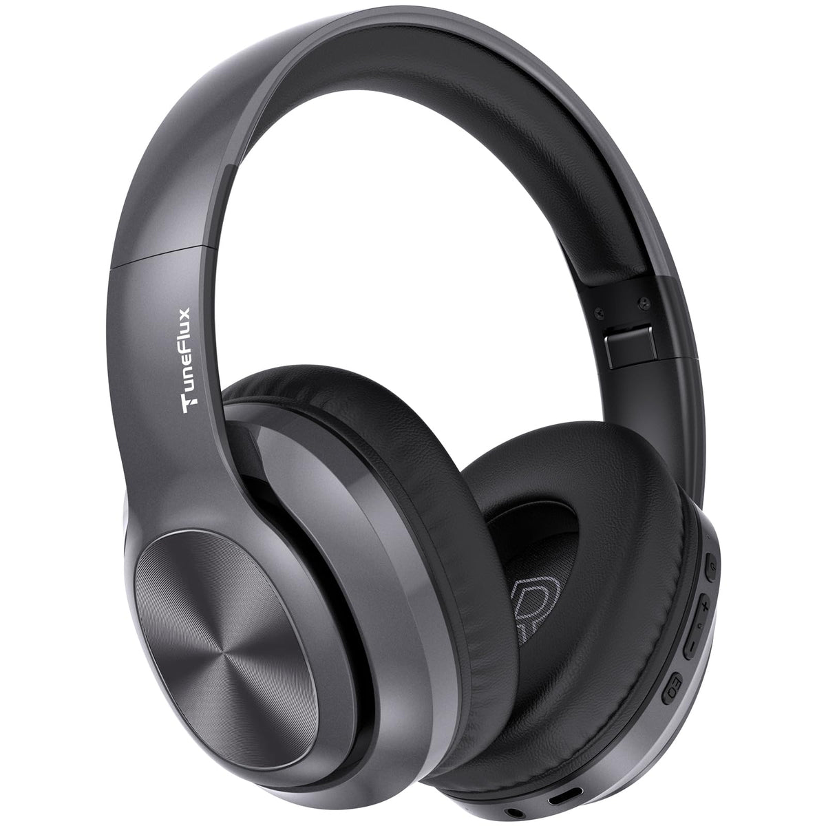 TuneFlux over-ear headphones in folded position for compact travel storage