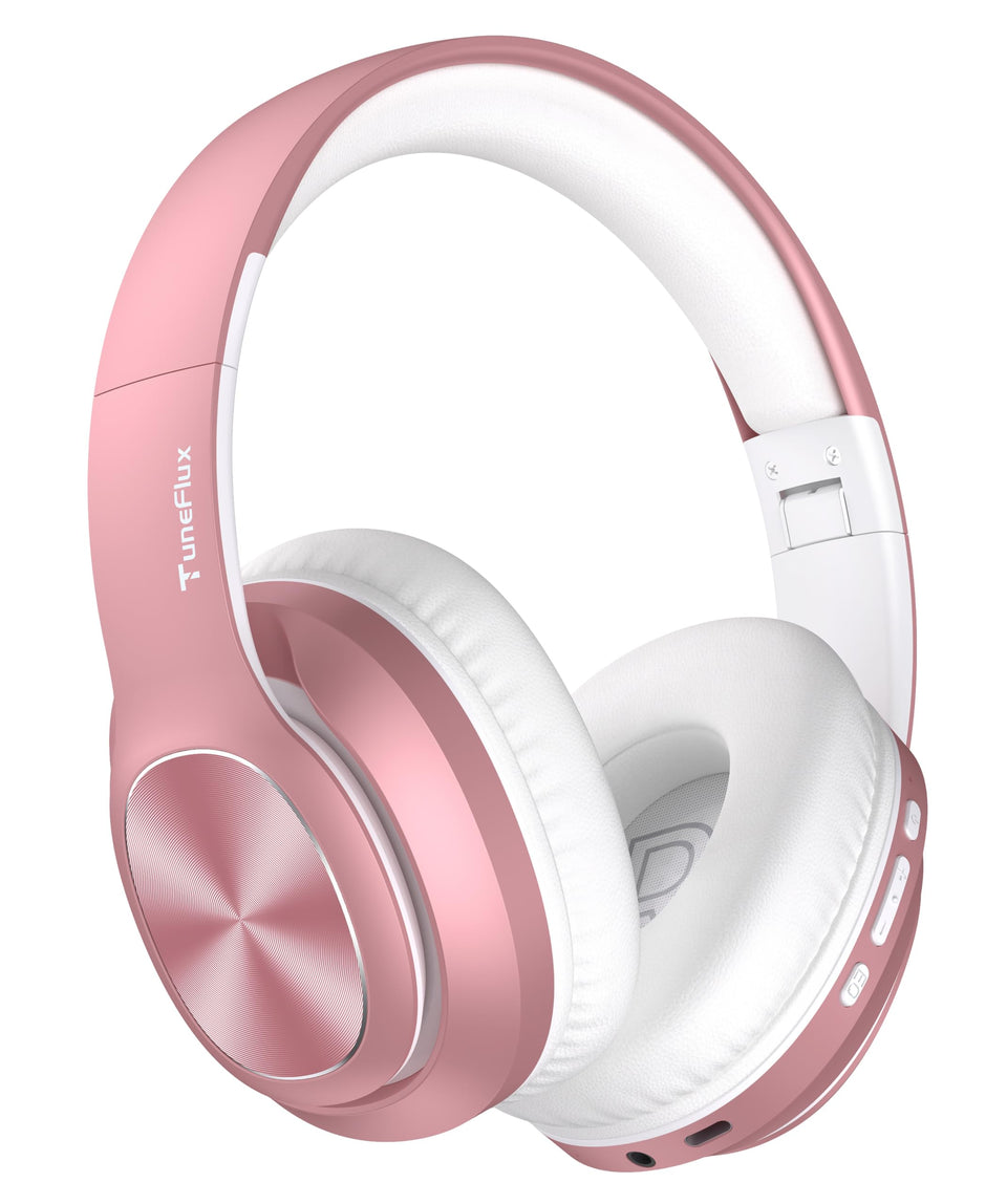 TuneFlux over-ear headphones in rose gold folded for travel portability