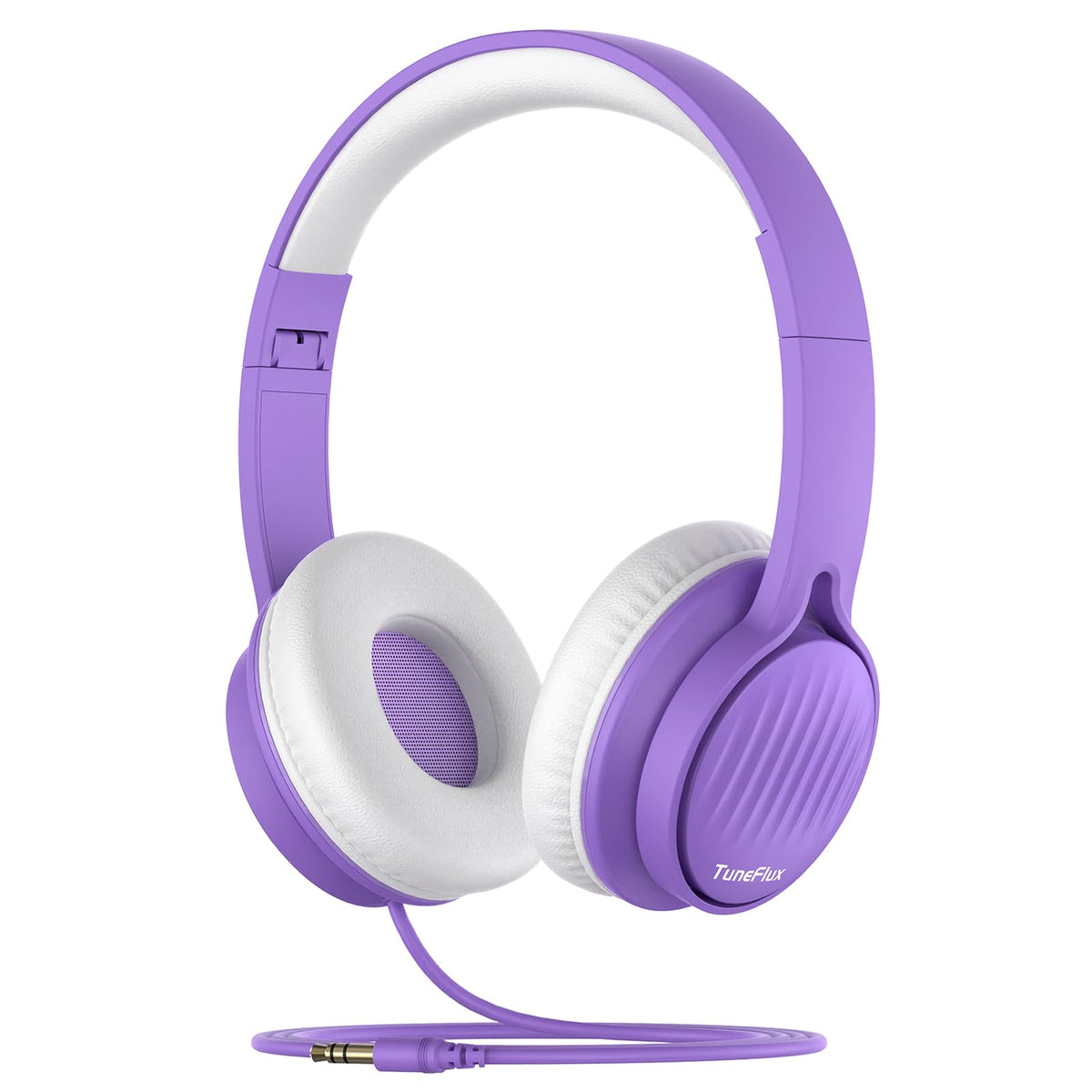 TuneFlux Upgraded Kids Headphones folded in purple for easy travel and storage.
