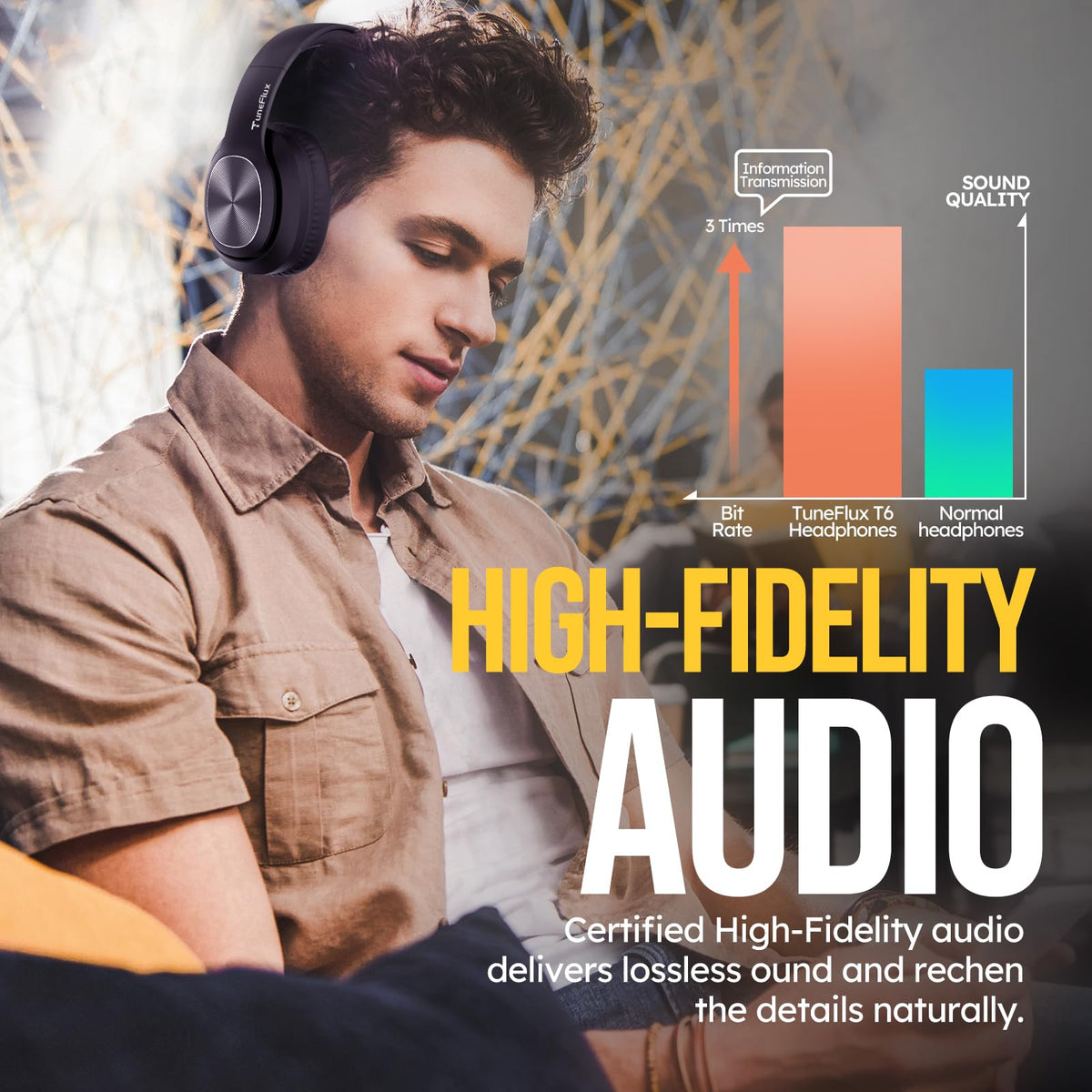 TuneFlux Bluetooth 5.3 dual-device connection in use for multitasking
