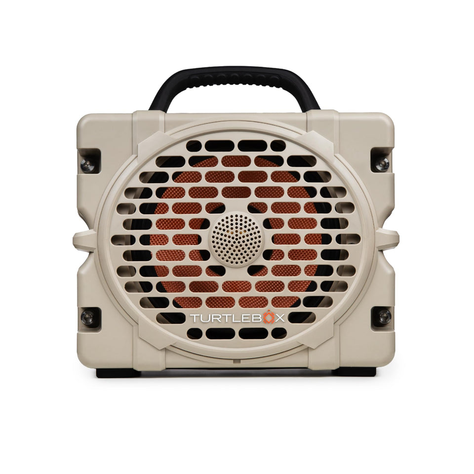 Turtlebox Grande front view with tan finish showing bold outdoor sound capability