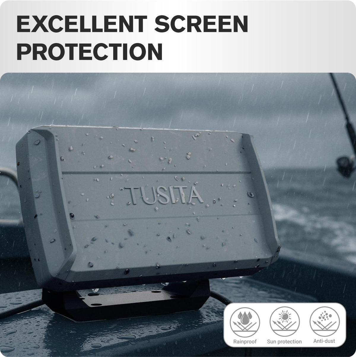 TUSITA mounted on boat console showing protection while fishing outdoors