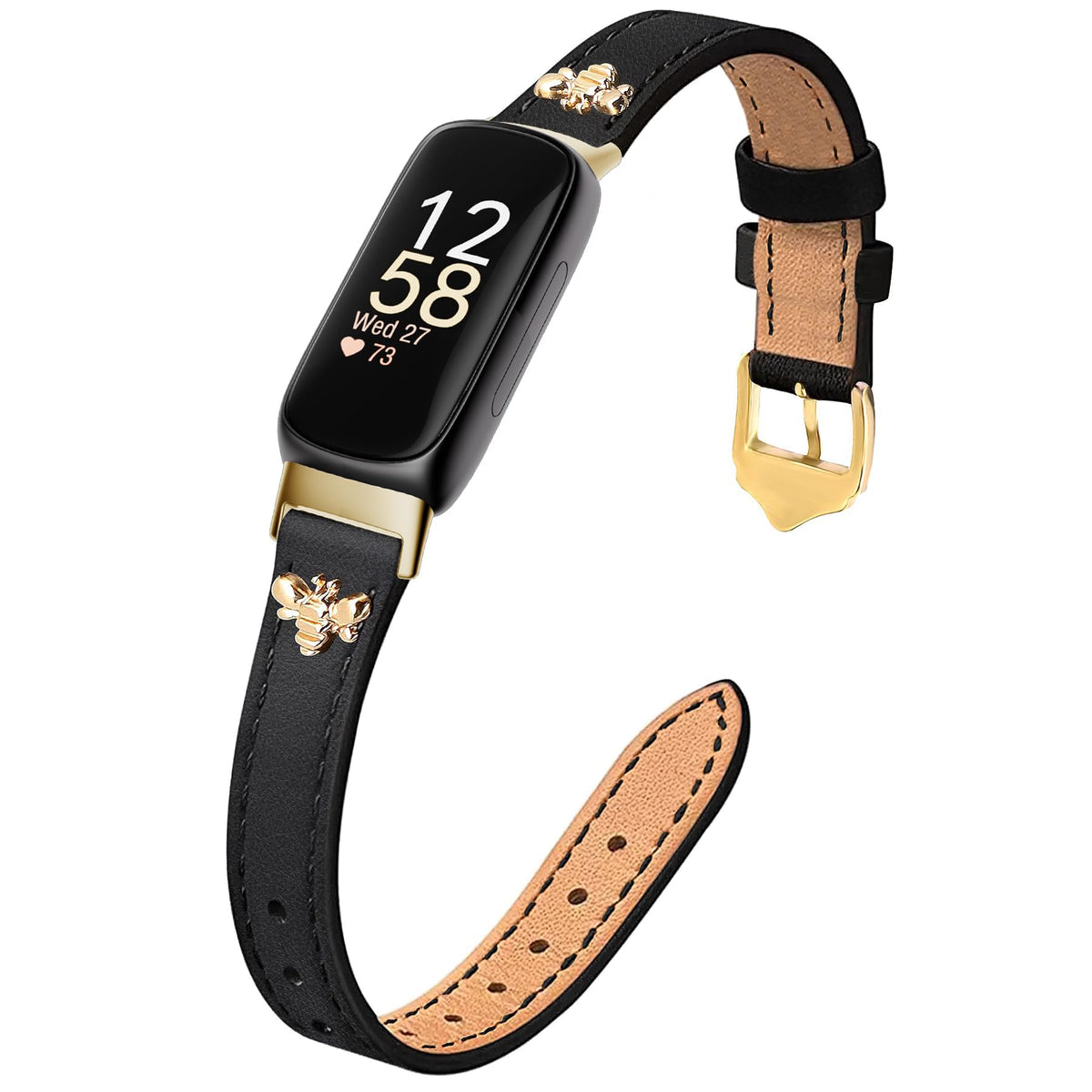 TUV PLNT slim leather band for Fitbit Inspire close-up with refined feminine leather and bee charms.