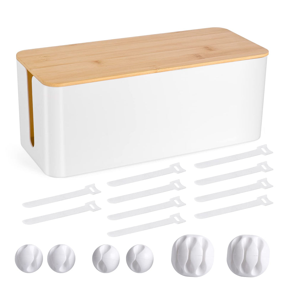 TuweChen cable box with wooden lid, front view hides wires for a neat desk.