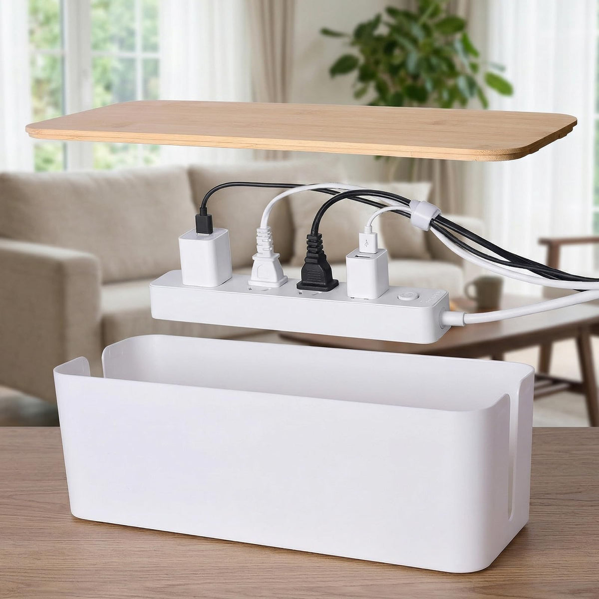 TuweChen medium cable management box with wood lid for desk cables