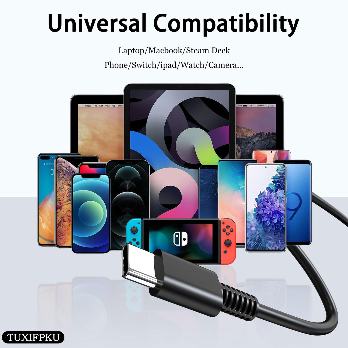 TUXIFPKU 65W USB-C charger compatibility with MacBook Pro, Dell, Asus and more.