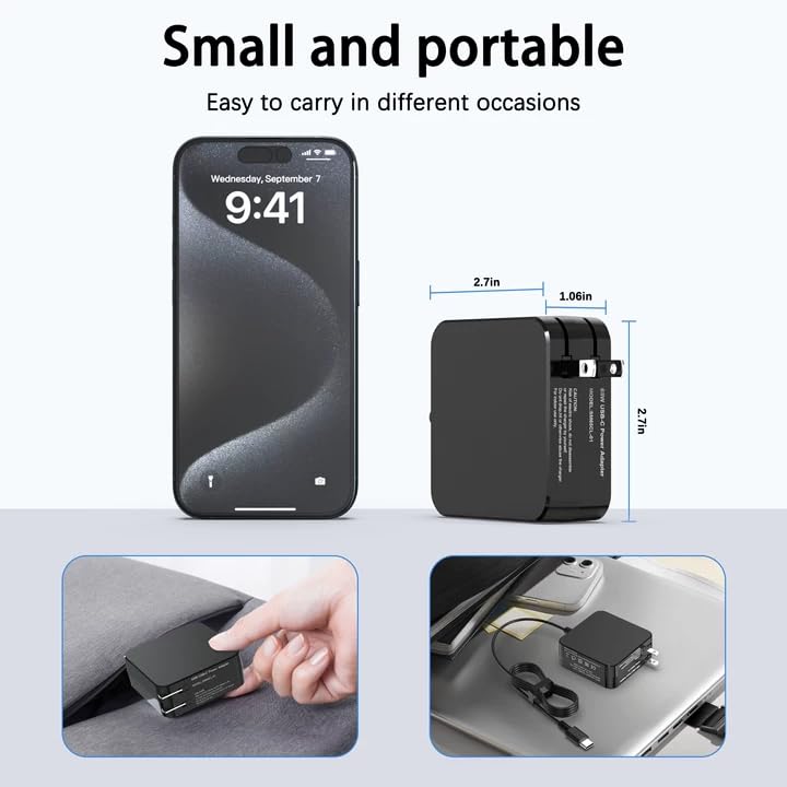 TUXIFPKU 65W USB-C charger with foldable plug for easy travel.