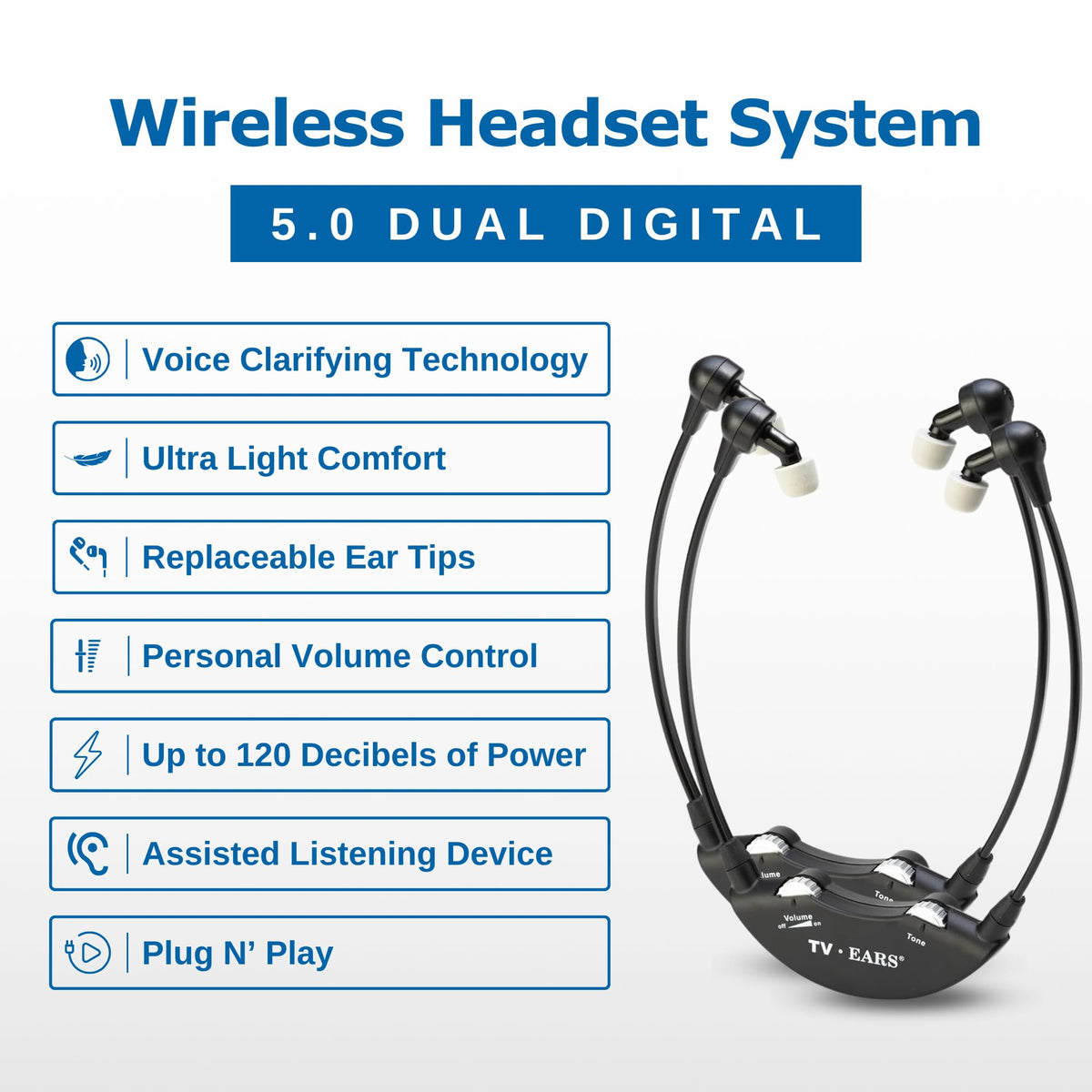 TV Ears 5.0 transmitter front panel showing easy setup