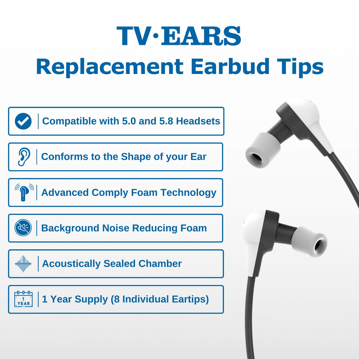TV EARS foam eartip close-up highlights memory foam detail and seal.