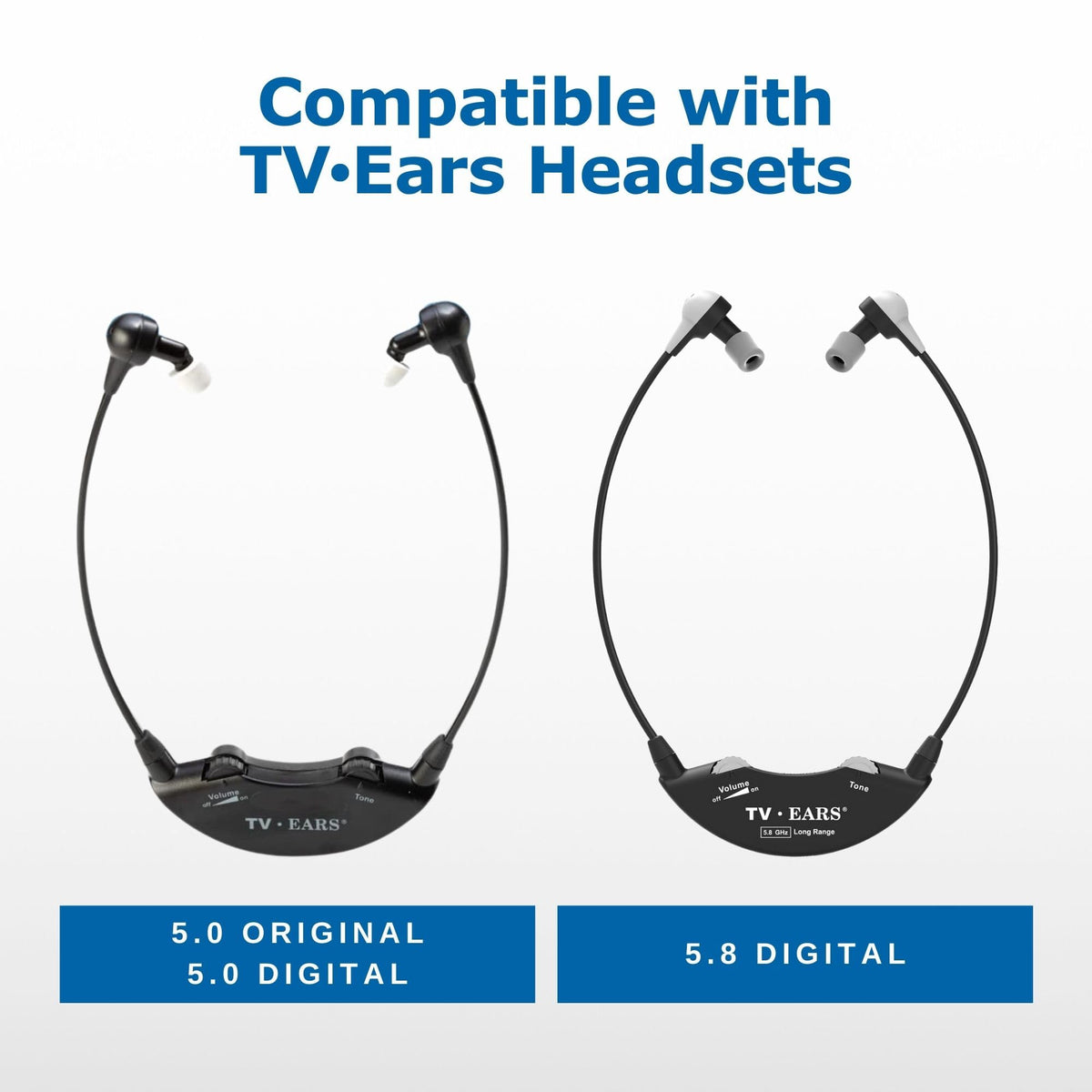 TV EARS compatible headset eartips demonstrating easy swap and secure fit.