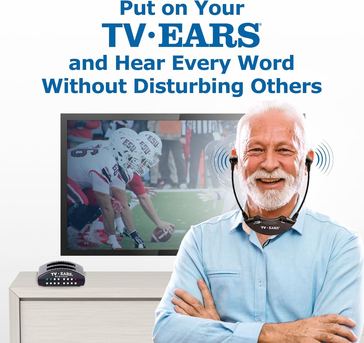 TV EARS headset resting on charging cradle for quick reuse