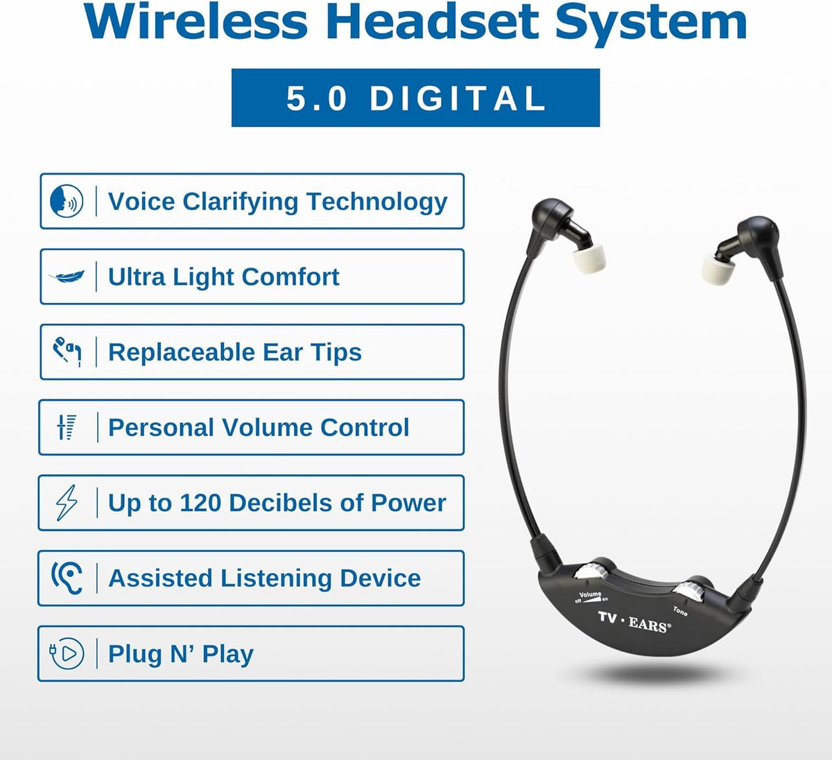 TV EARS transmitter setup showing plug and play TV compatibility