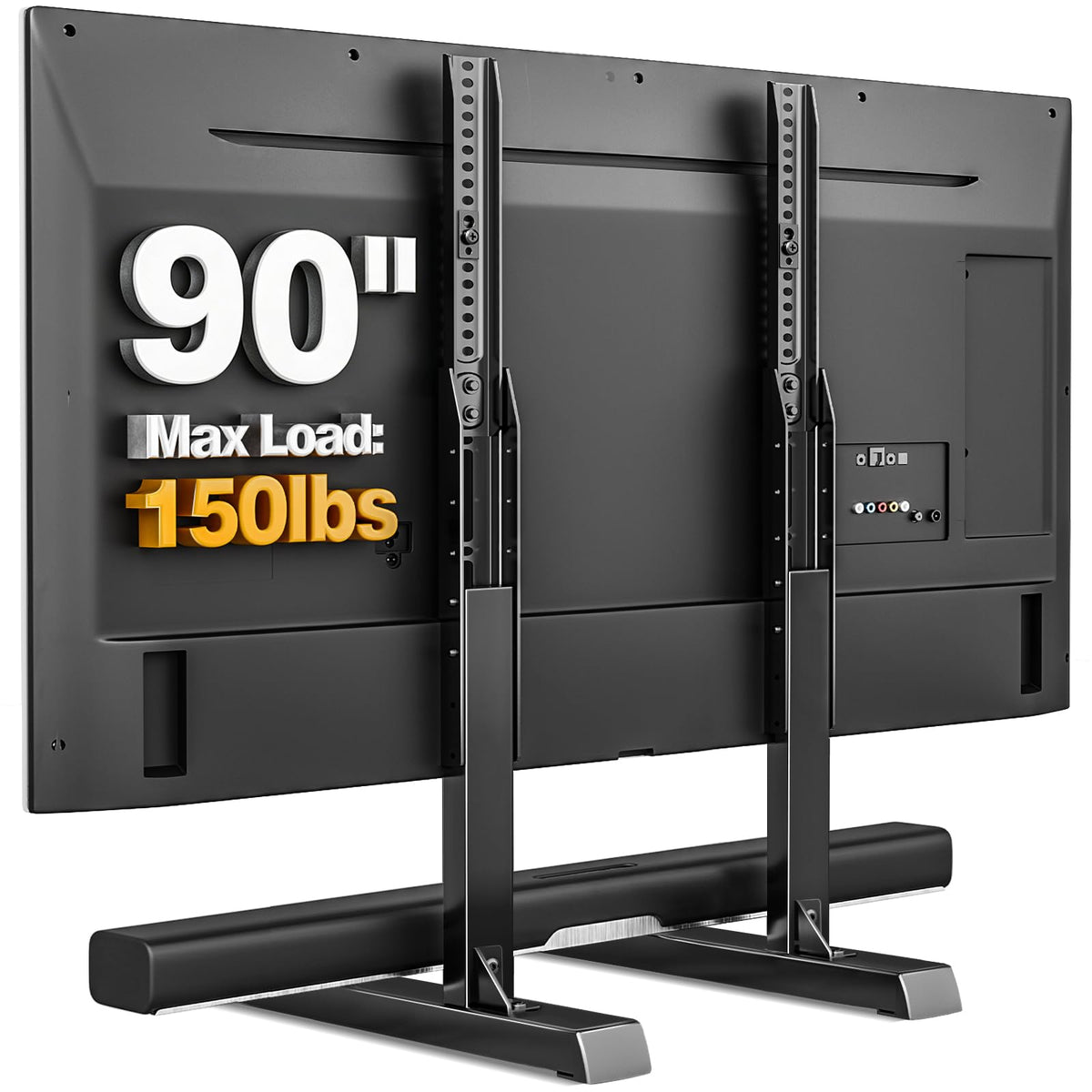 TVON front view of assembled stand showing stable TV placement and sleek profile benefit