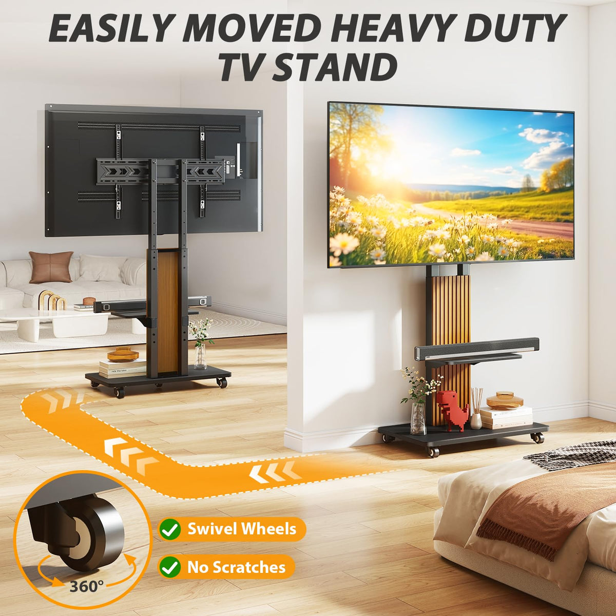 TVON wooden-base stand close-up highlighting sturdy storage shelf