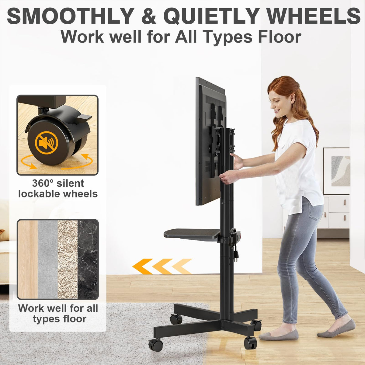 TVON rolling TV stand with 360° lockable wheels for smooth mobility